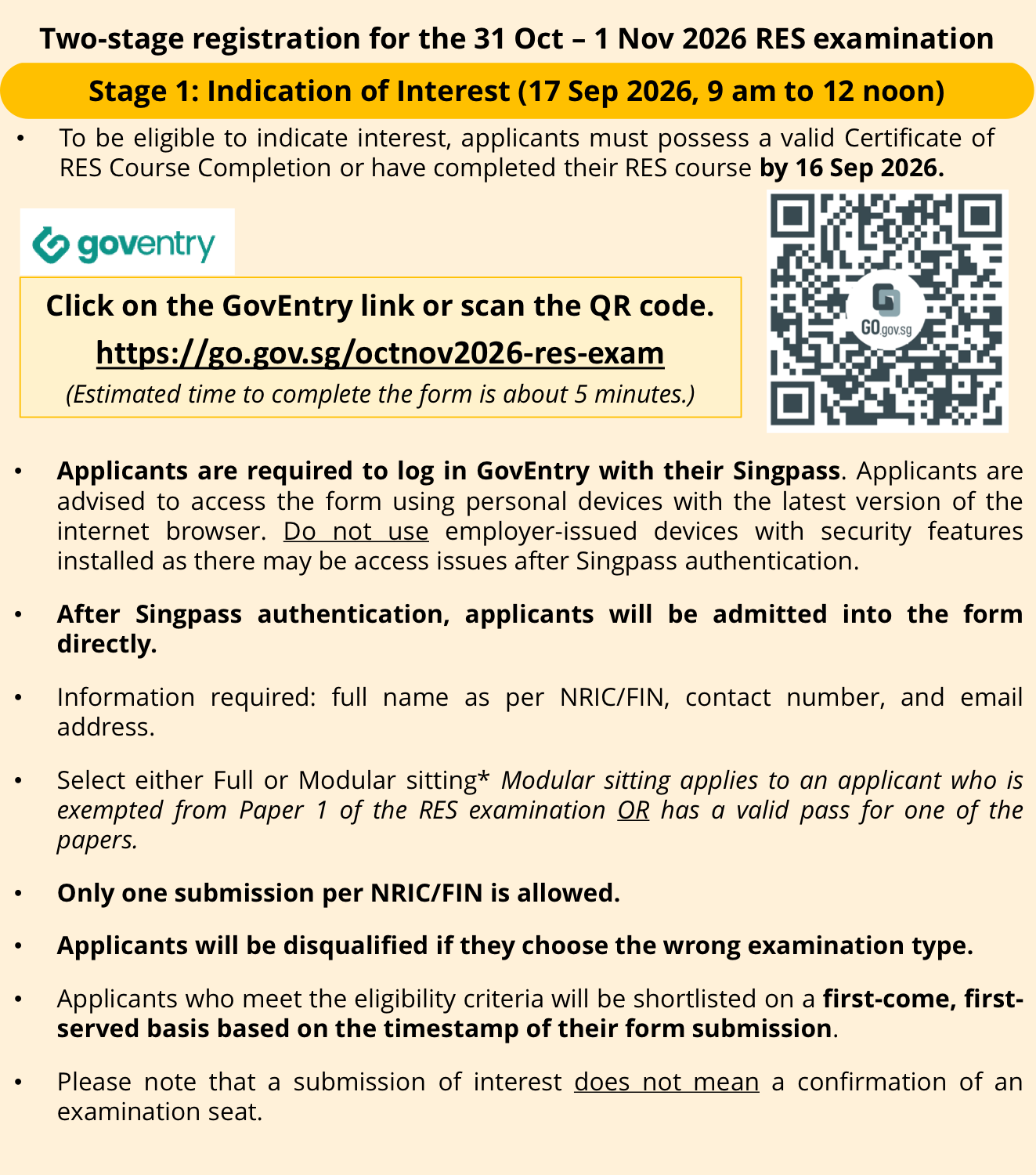 CEA infographic, Stage 1 for the 31 Oct – 1 Nov 2026 RES examination: Indication of Interest on 17 Sep 2026, 9am to 12 noon, at go.gov.sg/octnov2026-res-exam; course completed by 16 Sep 2026; Singpass login on a personal device; full name, contact number and email; full or modular sitting; one submission per NRIC/FIN; wrong exam type disqualifies; first-come, first-served by submission timestamp