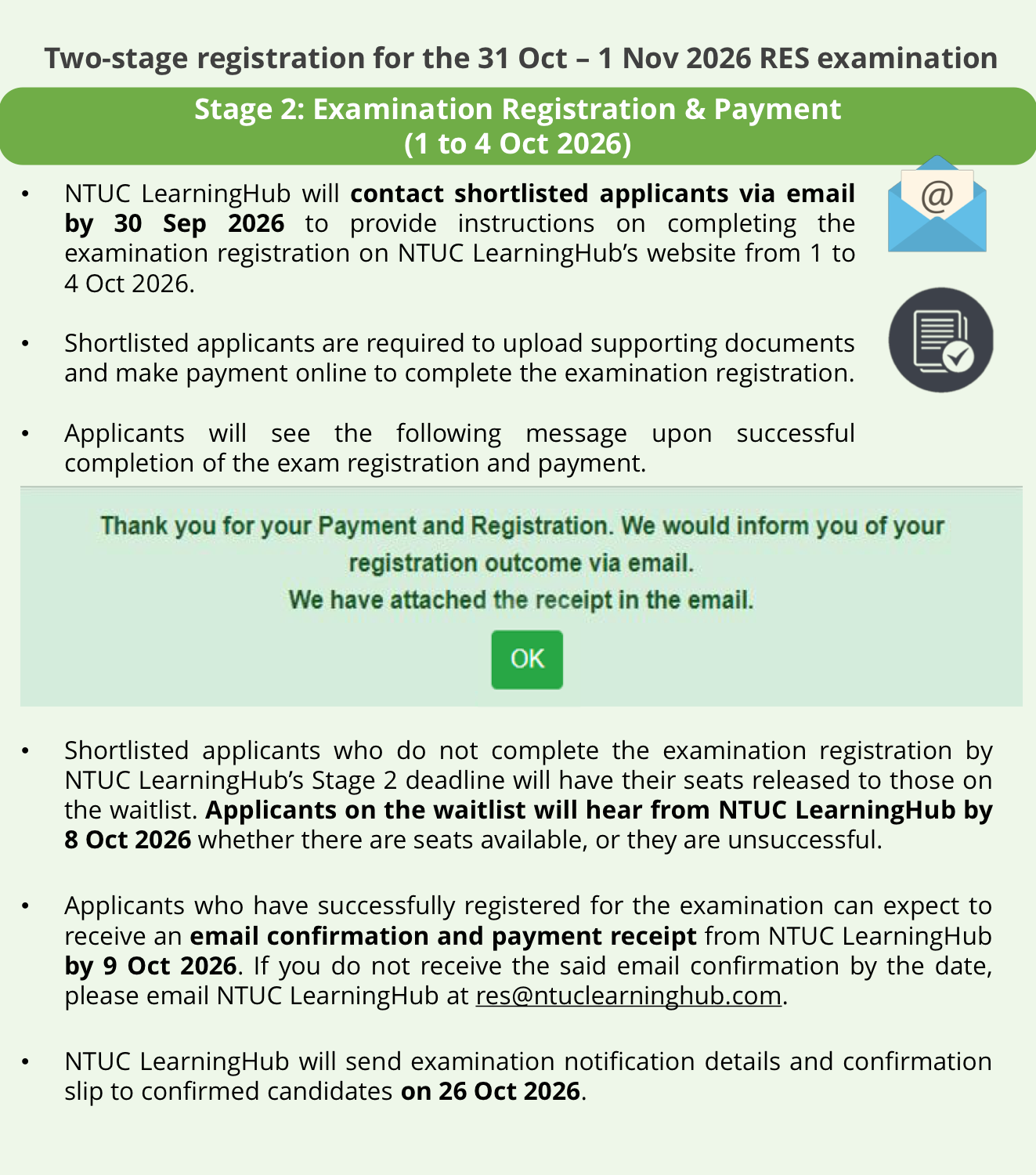 CEA infographic, Stage 2 for the 31 Oct – 1 Nov 2026 RES examination: registration and payment from 1 to 4 Oct 2026; NTUC LearningHub emails shortlisted applicants by 30 Sep 2026; upload documents and pay online; unregistered seats go to the waitlist, who hear by 8 Oct 2026; confirmation and receipt by 9 Oct 2026; notification slip on 26 Oct 2026