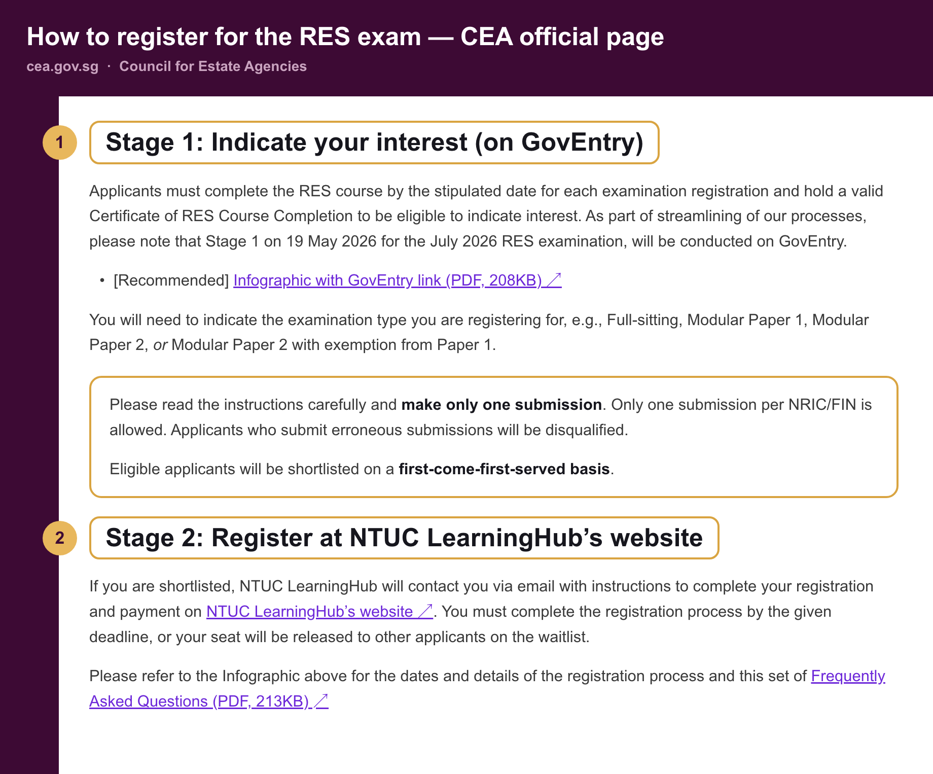 Annotated screenshot of the official CEA (Council for Estate Agencies) page on cea.gov.sg showing Stage 1 (Indicate your interest on GovEntry) and Stage 2 (register at NTUC LearningHub)